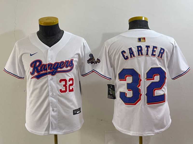 Youth Texas Rangers #32 Evan Carter Number White 2024 Gold Collection Limited Cool Base Jersey